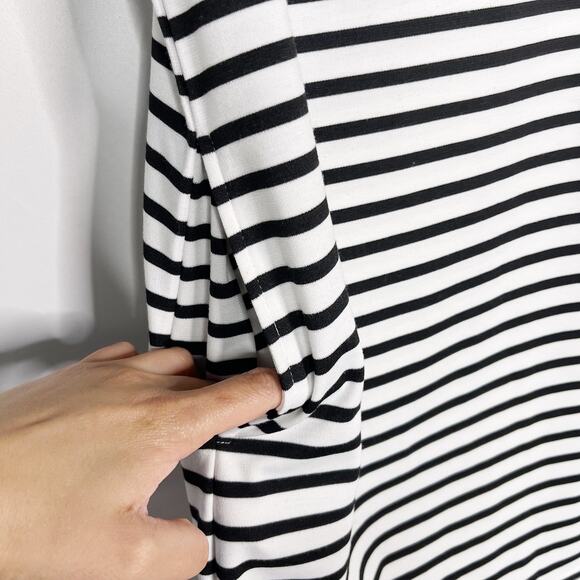 Ellison Medium Navy Blue White Striped Roll Tab Short Sleeve Sheath Dress Pocket - Picture 5 of 7